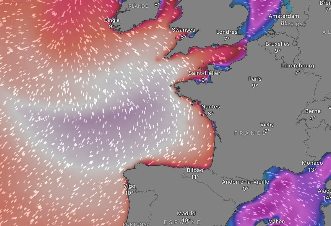 Carte de la houle pour lundi soir, du blanc rosé on a rarement vu ça !