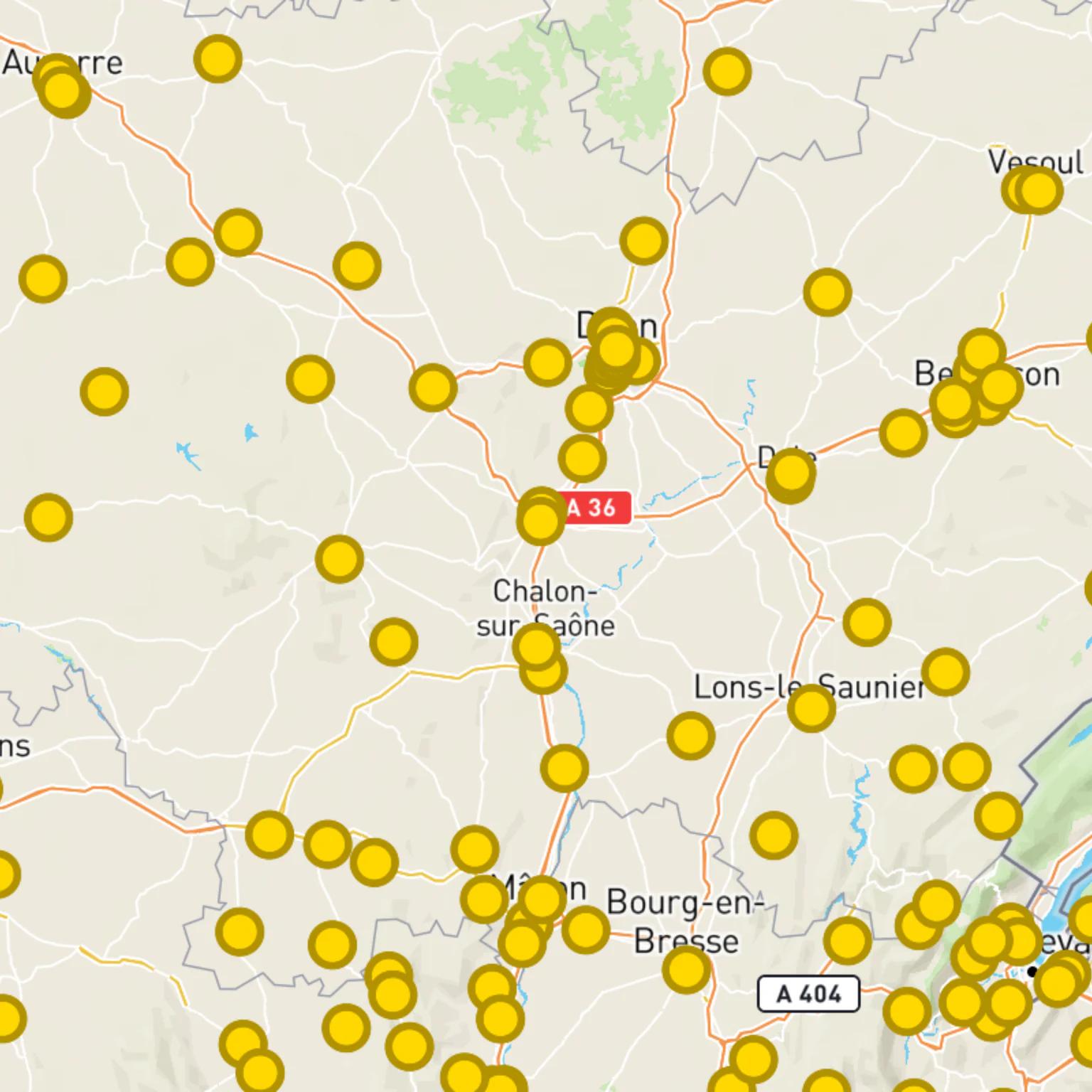 Carte des points relais Poiscaille dans la région Bourgogne